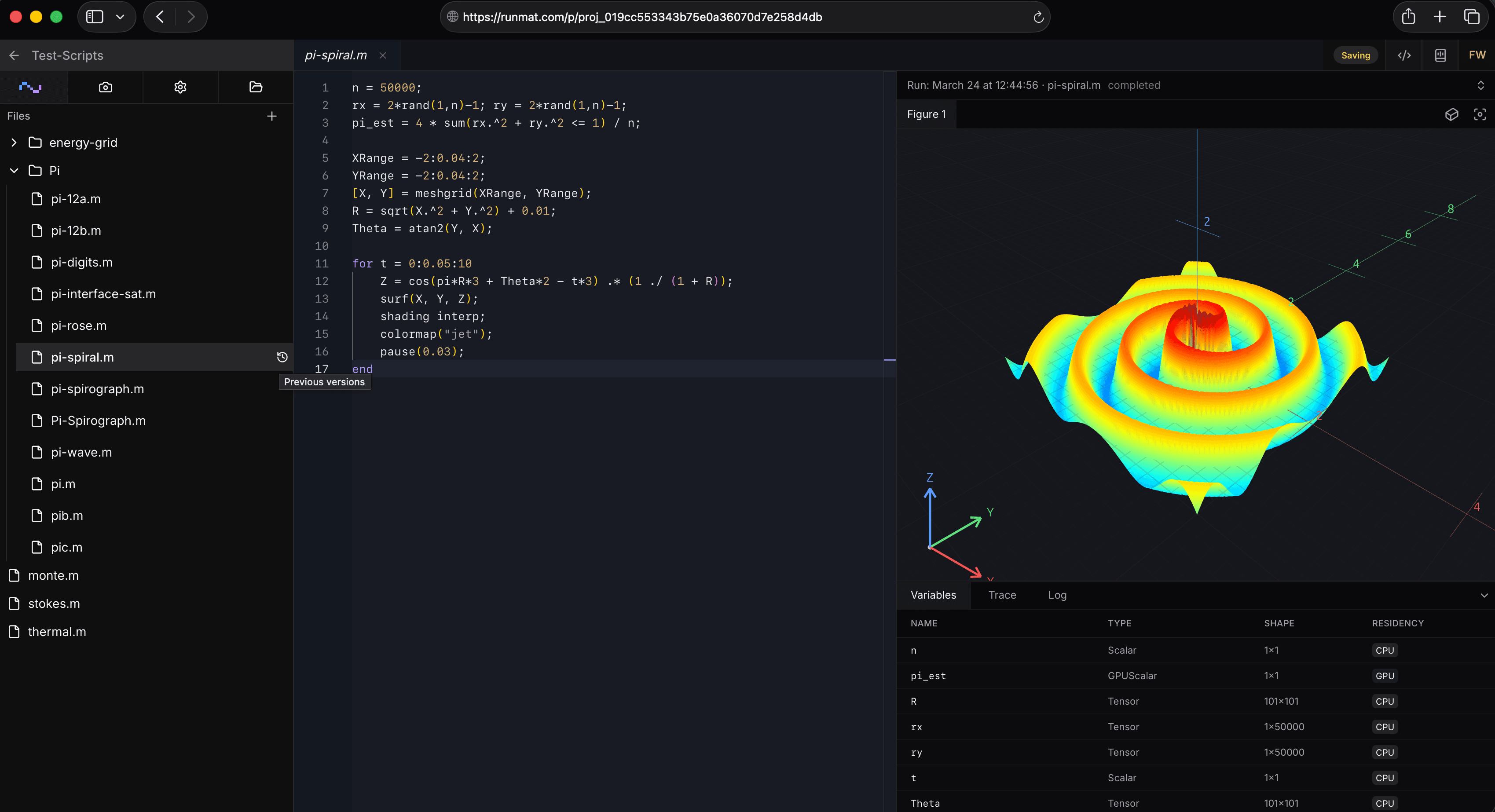 RunMat Cloud project environment with run history