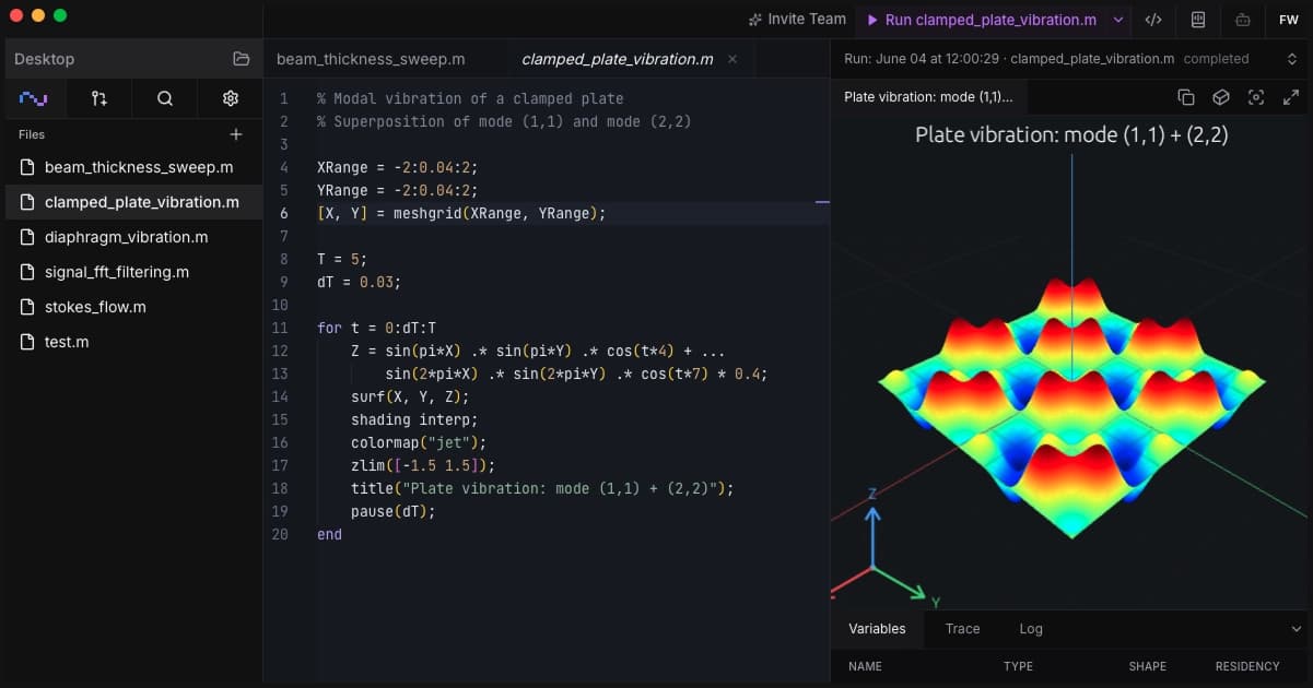 RunMat Desktop running a MATLAB-syntax heat diffusion script with plots and workspace variables.