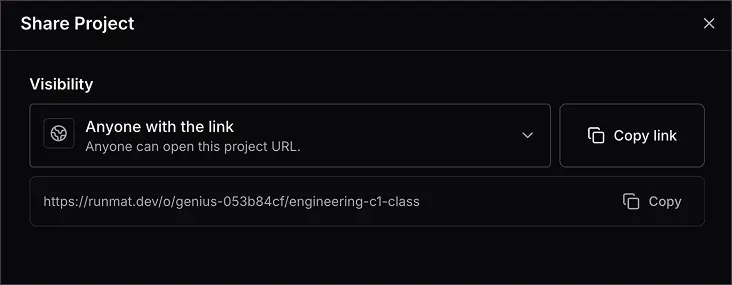 RunMat project-sharing dialog with public link visibility and copy-link controls