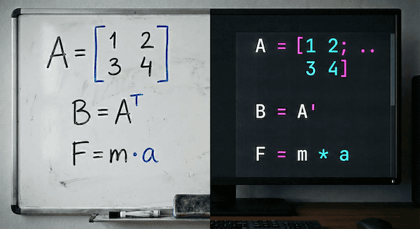 Engineer copying matrix equations from a whiteboard into MATLAB-style code on a laptop.