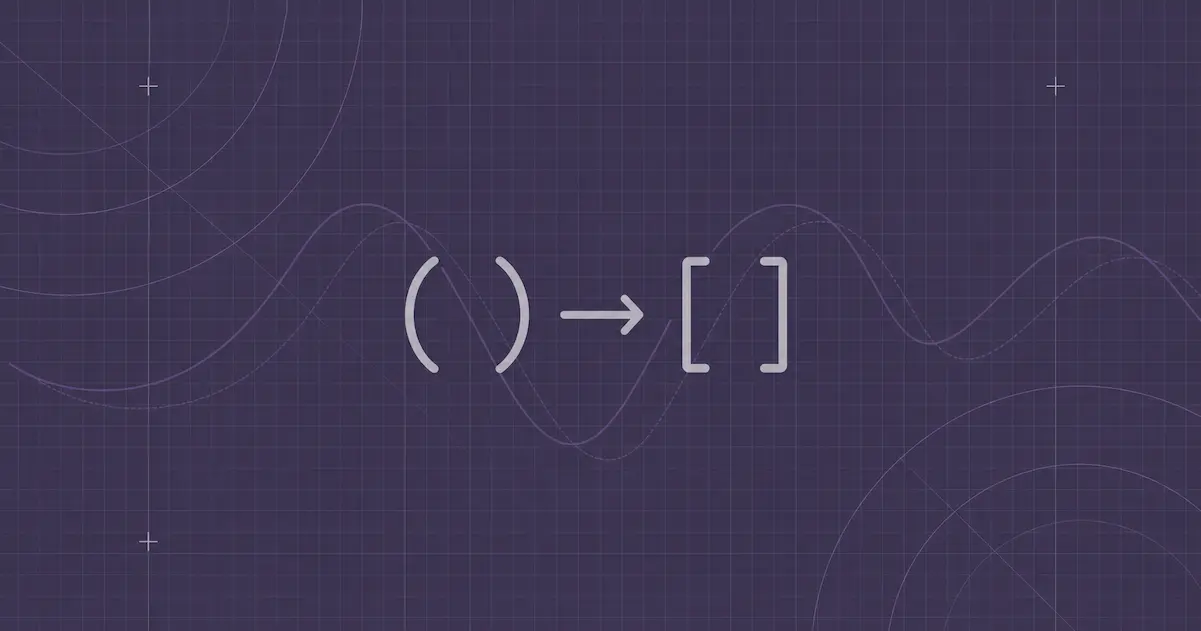 Parentheses changing to square brackets over two comparison curves on a purple engineering grid