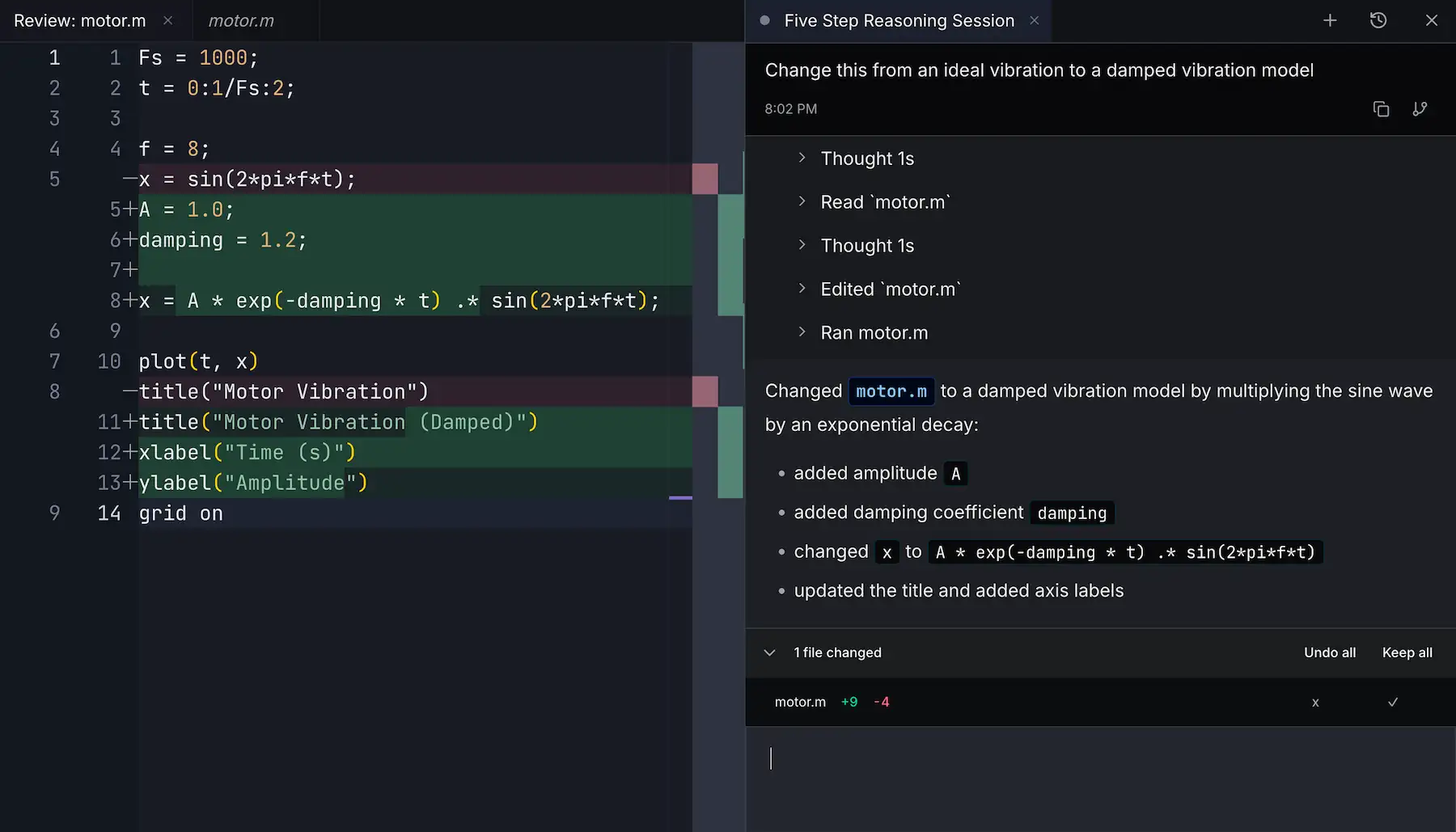 RunMat agent showing a reviewable code diff beside runtime context